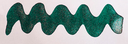 Wavy teal line on a white background. Diamine Enchanted Ocean fountain pen ink colour swatch.
