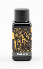 Diamine Earl Grey fountain pen ink bottle and packaging on a white background.