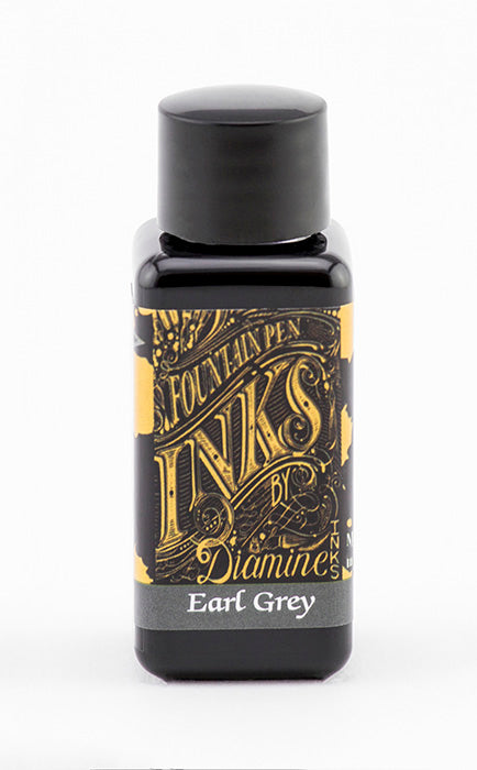 Diamine Earl Grey fountain pen ink bottle and packaging on a white background.