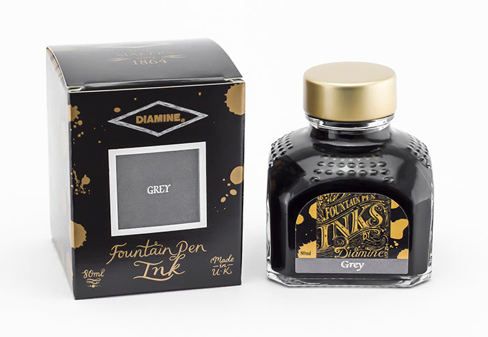 Diamine Grey fountain pen ink bottle and packaging on a white background.