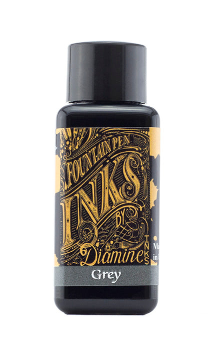 Diamine Grey fountain pen ink bottle and packaging on a white background.