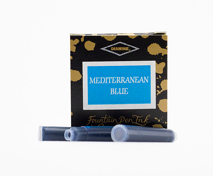 Diamine Mediterranean Blue fountain pen ink cartridges and packaging box on a white background.