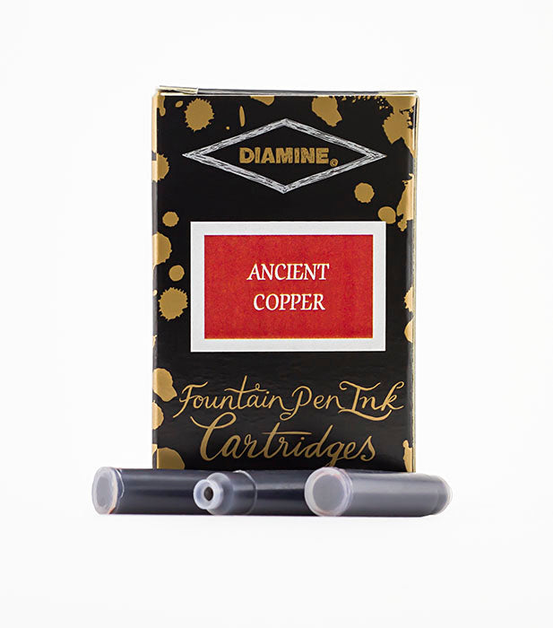 Diamine Ancient Copper fountain pen ink cartridges and packaging box on a white background.