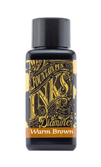 Diamine Warm Brown fountain pen ink bottle and packaging on a white background.
