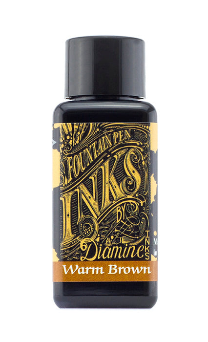 Diamine Warm Brown fountain pen ink bottle and packaging on a white background.