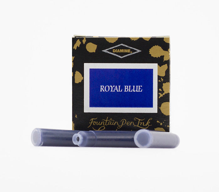 Diamine Royal Blue fountain pen ink cartridges and packaging box on a white background.
