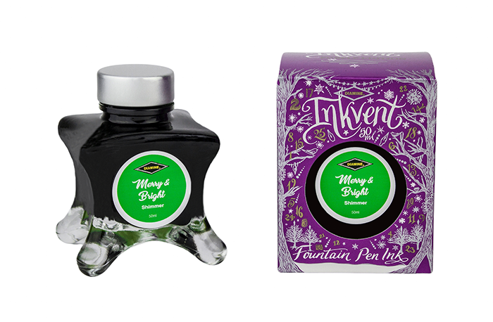 Diamine Merry & Bright fountain pen ink bottle and packaging on a white background.