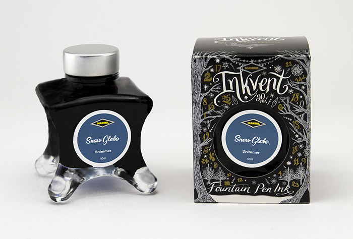 Diamine Snow Globe fountain pen ink bottle and packaging on a white background.