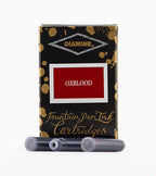 Diamine Oxblood fountain pen ink cartridges and packaging box on a white background.