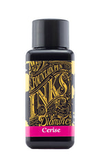 Diamine Cerise fountain pen ink bottle and packaging on a white background.