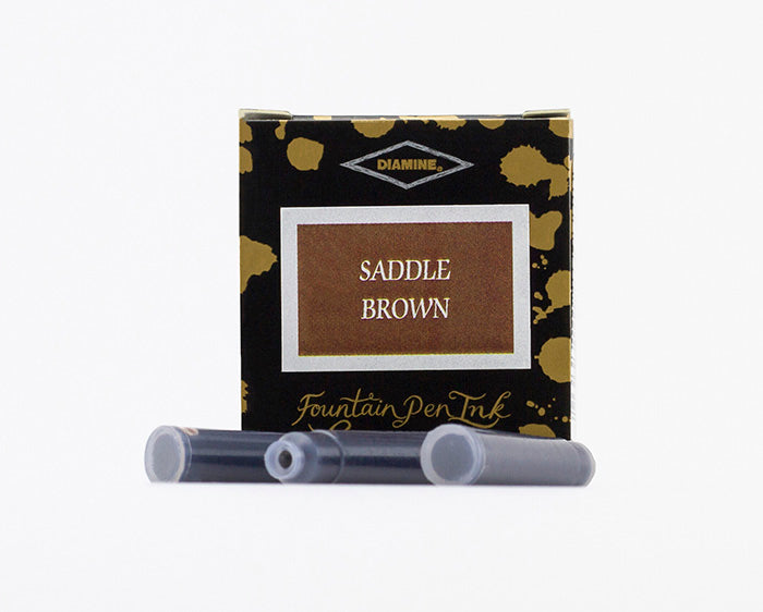 Diamine Saddle Brown fountain pen ink cartridges and packaging box on a white background.