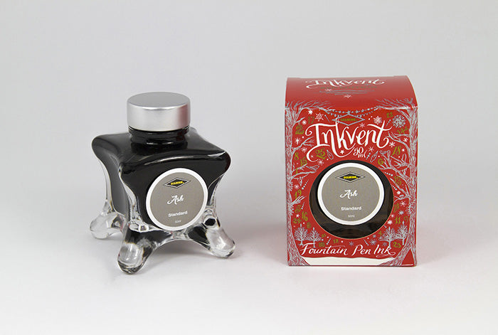 Diamine Ash fountain pen ink bottle and packaging on a white background.