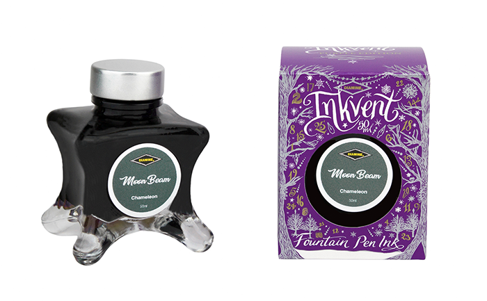 Diamine Moon Beam fountain pen ink bottle and packaging on a white background.