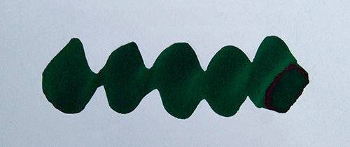 Wavy green line on a white background. Diamine Holly fountain pen ink colour swatch.