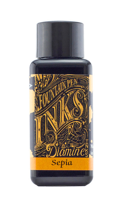 Diamine Sepia fountain pen ink bottle and packaging on a white background.