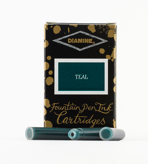 Diamine Teal fountain pen ink cartridges and packaging box on a white background.