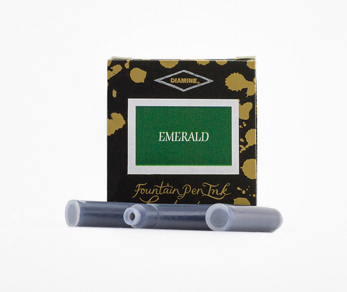 Diamine Emerald fountain pen ink cartridges and packaging box on a white background.