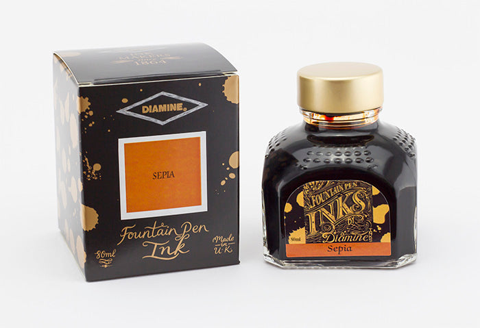 Diamine Sepia fountain pen ink bottle and packaging on a white background.