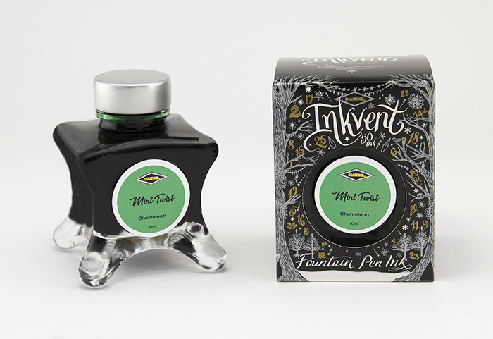 Diamine Mint Twist fountain pen ink bottle and packaging on a white background.