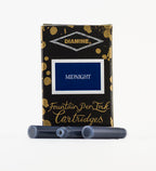 Diamine Midnight fountain pen ink cartridges and packaging box on a white background.