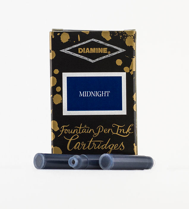 Diamine Midnight fountain pen ink cartridges and packaging box on a white background.