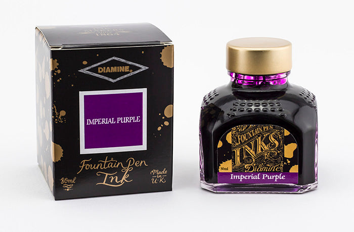 Diamine Imperial Purple fountain pen ink bottle and packaging on a white background.