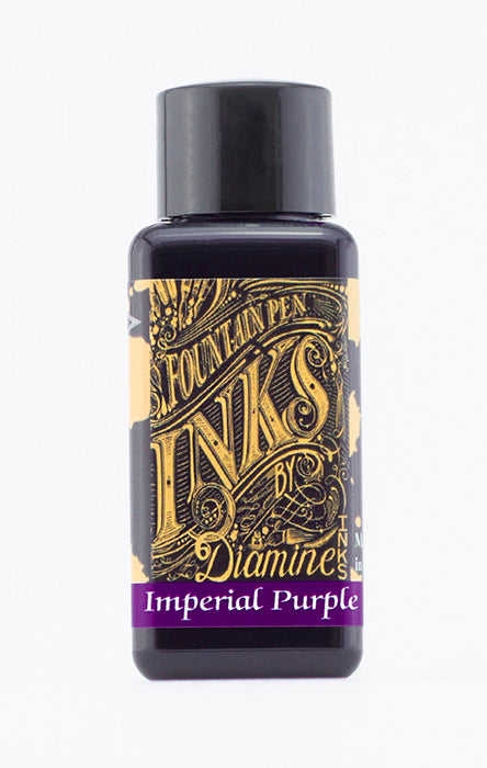 Diamine Imperial Purple fountain pen ink bottle and packaging on a white background.