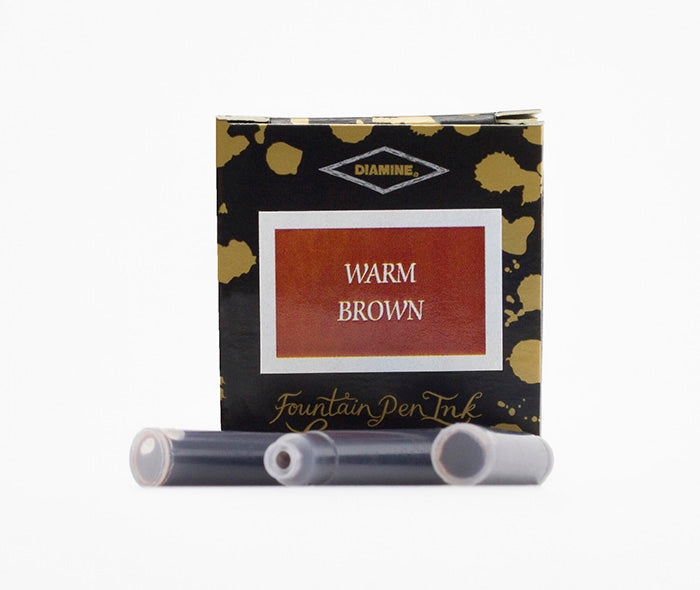 Diamine Warm Brown fountain pen ink cartridges and packaging box on a white background.