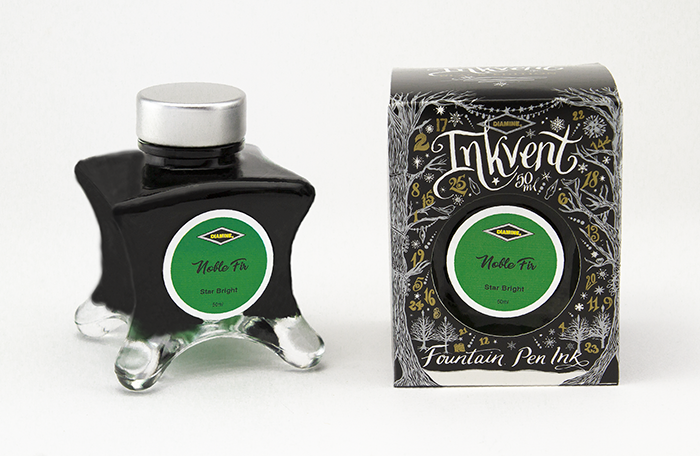 Diamine Noble Fir fountain pen ink bottle and packaging on a white background.