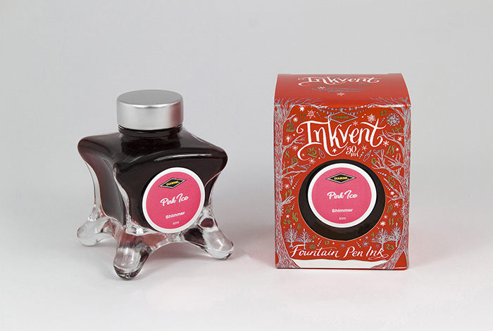 Diamine Pink Ice fountain pen ink bottle and packaging on a white background.