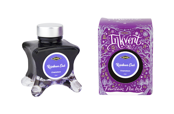 Diamine Rainbow's End  fountain pen ink bottle and packaging on a white background.