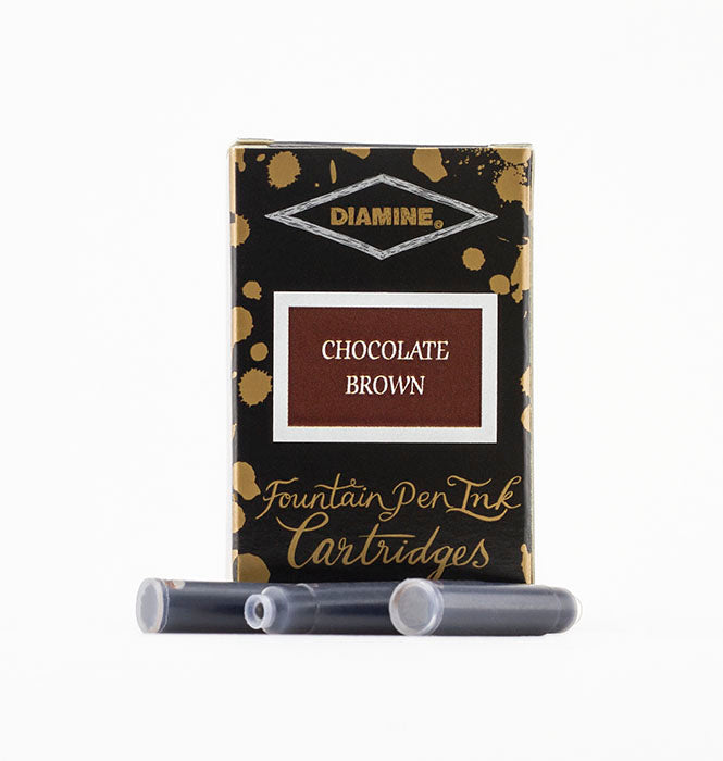 Diamine Chocolate Brown fountain pen ink cartridges and packaging box on a white background.