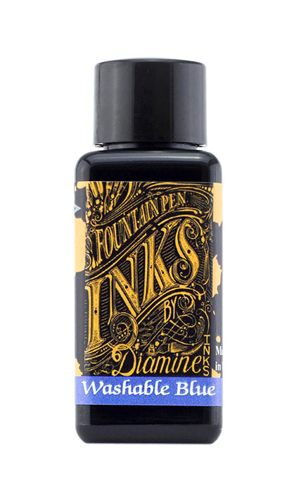 Diamine Washable Blue fountain pen ink bottle and packaging on a white background.