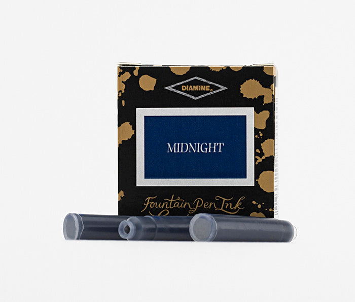 Diamine Midnight fountain pen ink cartridges and packaging box on a white background.