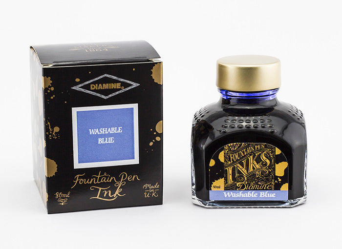 Diamine Washable Blue fountain pen ink bottle and packaging on a white background.