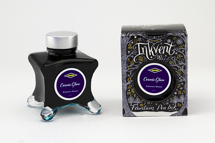 Diamine Cosmic Glow fountain pen ink bottle and packaging on a white background.
