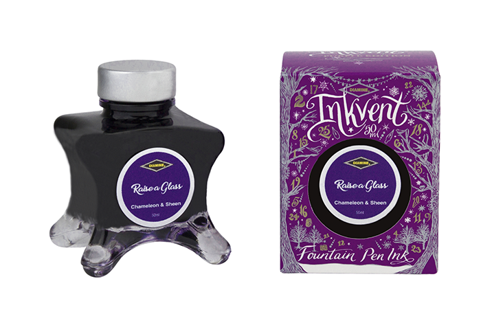 Diamine Raise a Glass fountain pen ink bottle and packaging on a white background.