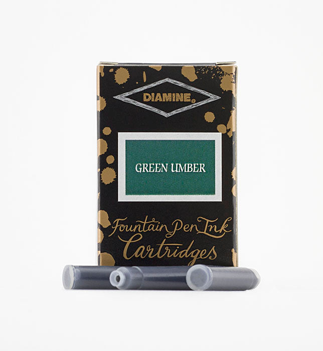 Diamine Green Umber fountain pen ink cartridges and packaging box on a white background.
