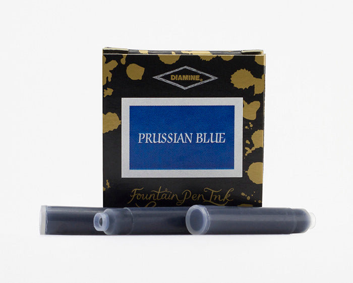 Diamine Prussian Blue fountain pen ink cartridges and packaging box on a white background.