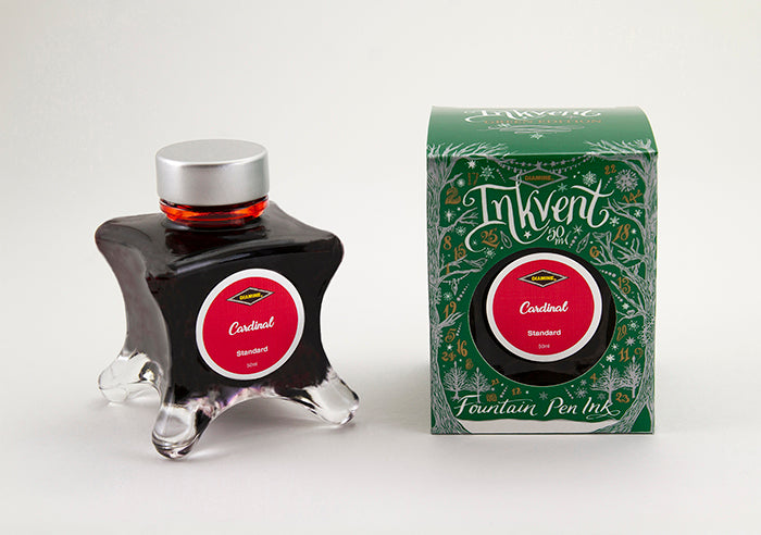 Diamine Cardinal fountain pen ink bottle and packaging on a white background.