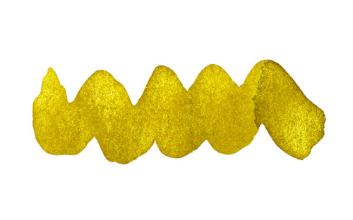 Wavy yellow line on a white background. Diamine Fortune's Gold fountain pen ink colour swatch.