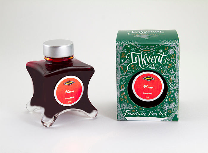 Diamine Flame fountain pen ink bottle and packaging on a white background.