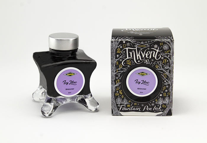 Diamine Icy Lilac fountain pen ink bottle and packaging on a white background.