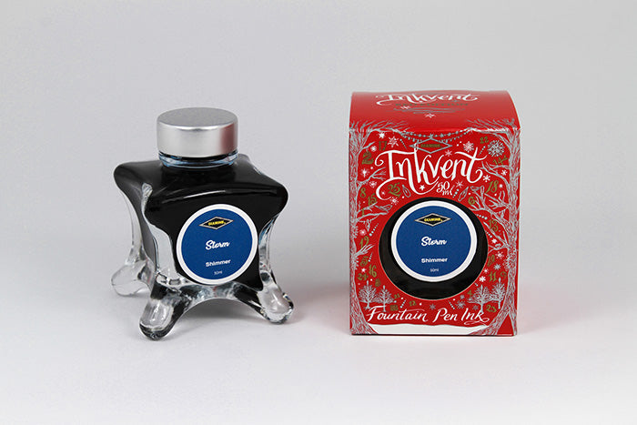 Diamine Storm fountain pen ink bottle and packaging on a white background.