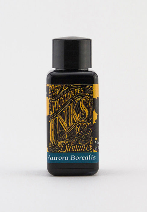 Diamine Aurora Borealis fountain pen ink bottle and packaging on a white background.