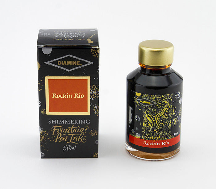 Diamine Rockin Rio fountain pen ink bottle and packaging on a white background.