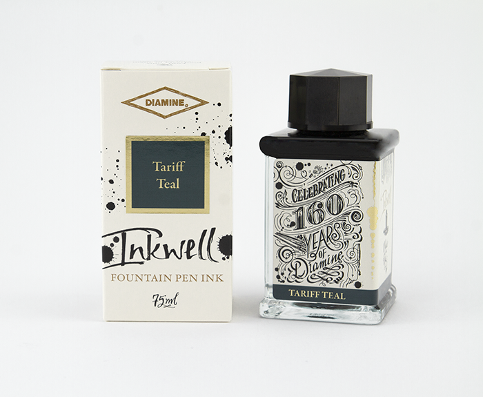 Diamine Tariff Teal fountain pen ink bottle and packaging on a white background.