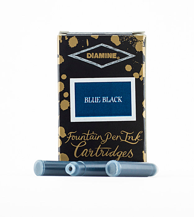 Diamine Blue Black fountain pen ink cartridges and packaging box on a white background.