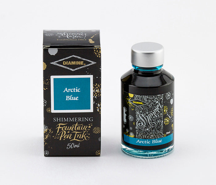Diamine Arctic Blue fountain pen ink bottle and packaging on a white background.