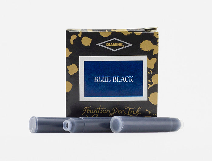 Diamine Blue Black fountain pen ink cartridges and packaging box on a white background.